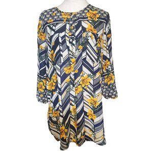 Floral Geometric Print Tunic Blouse With 3/4 Sleeves By Fig And Flower - Size L